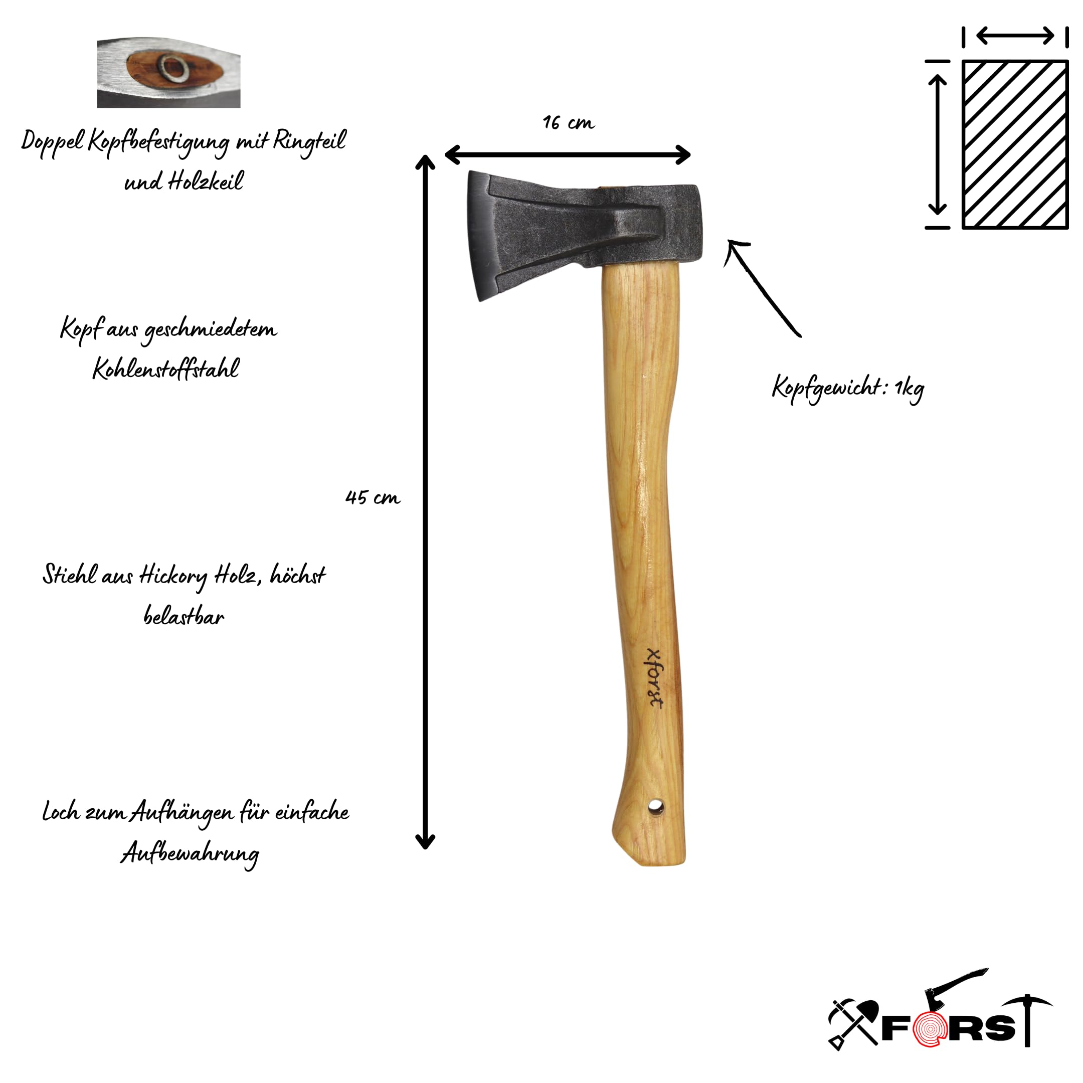 Hacha Xforst de Mano Con Mango de Madera y Hoja de Acero Al Carbono - Universal para Camping y Estilo Vikingo