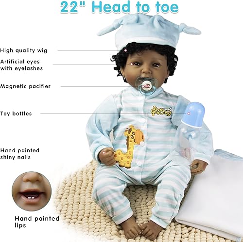 Miniatura 6 de Muñeca de bebé afroamericana de 22 pulgadas, muñecas de bebé Reborn negras realistas, muñeca de vinilo de silicona, muñeca realista de tela suave,
