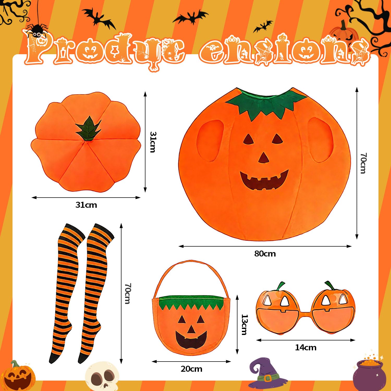 Everpwr Halloween Pumpkin Costume Set for Adults Women, 5 PCS Fancy Dress with Pumpkin Outfit, Hat, Glasses - Image 2
