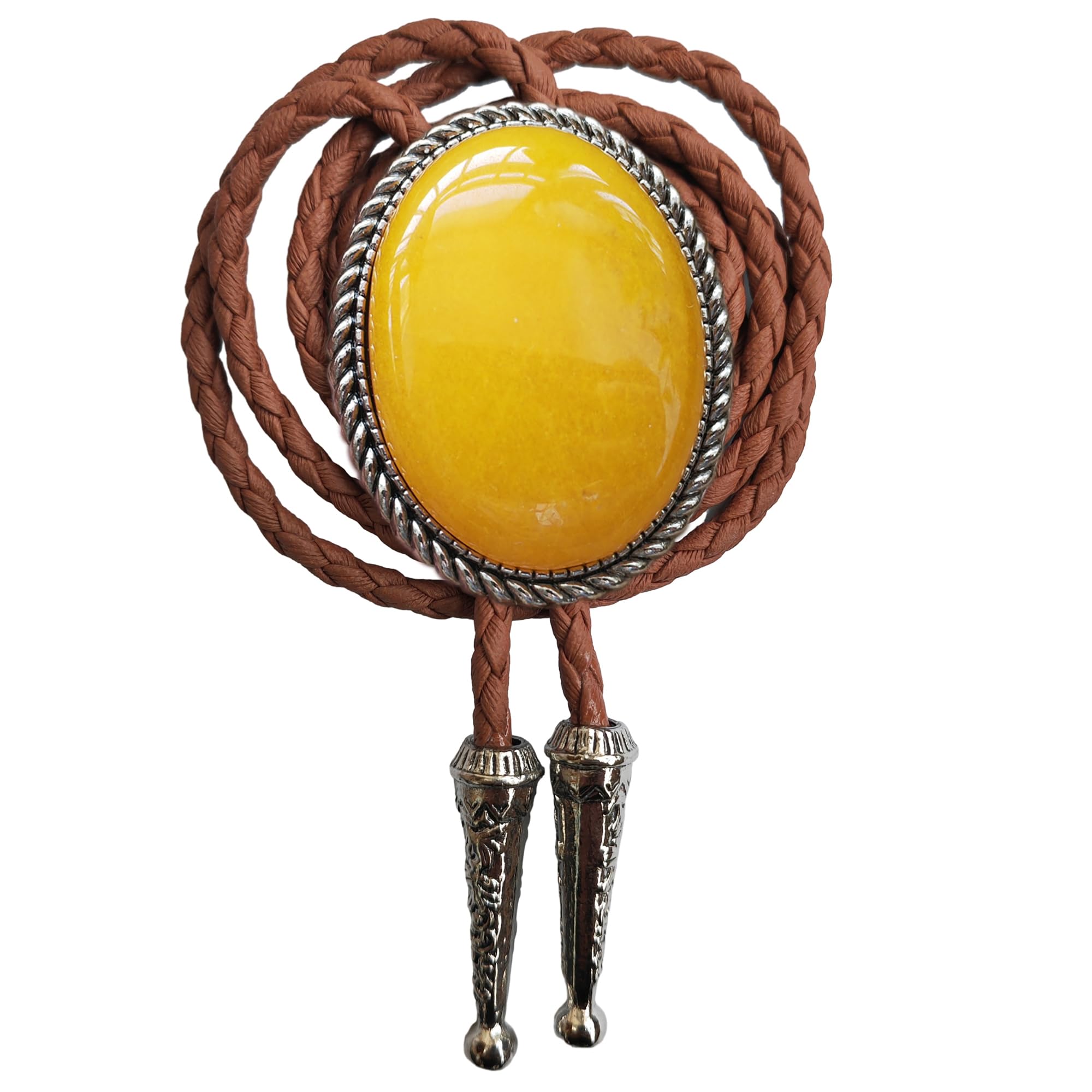 Himongoo Unisex Big Yellow Jade Bola Bolo Tie Brown Leather Wedding Necktie For Men Women Western Style Bolo Necktie