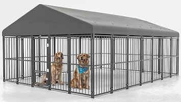 10x14FT Dog Kennel Outdoor, Heavy Duty Large Dog Cage with Gray Roof, Escape-Proof Double Locks & Swivel Feeding Door, Galvanized Metal Dog Run Enclosure for Large Dogs Outside