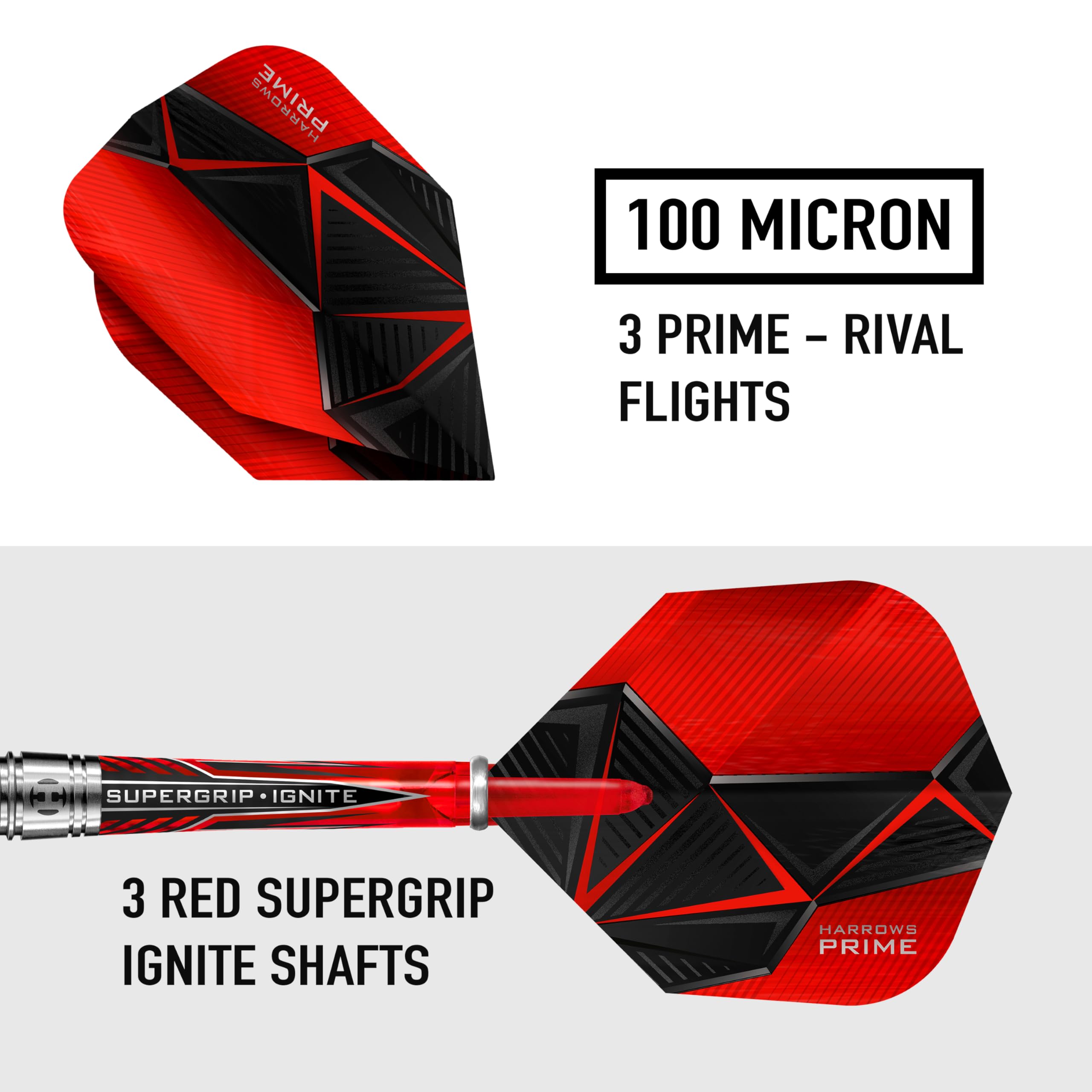 Harrows Rival - Set di freccette con punta in acciaio al 90% tungsteno, 21 g, 22 g, 23 g, 24 g, 25 g e 26 g, include impugnatura trilaterale, asta Supergrip rossa Ignite Midi e alette Micron Prime