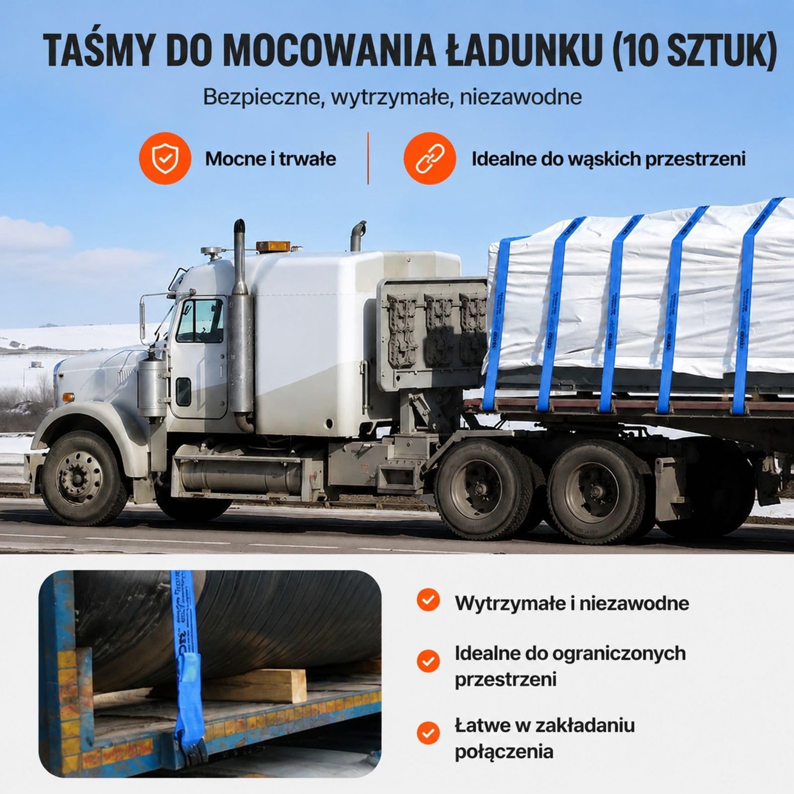 Pasy wyciągarkowe do ciężarówek z płaskim hakiem, zestaw 10 sztuk, niebieskie, do holowania