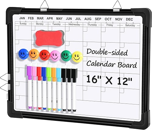 Calendario de borrado en seco para pared, pizarra blanca magnética de 16 x 12 pulgadas, calendario mensual colgante de doble cara, pizarra de