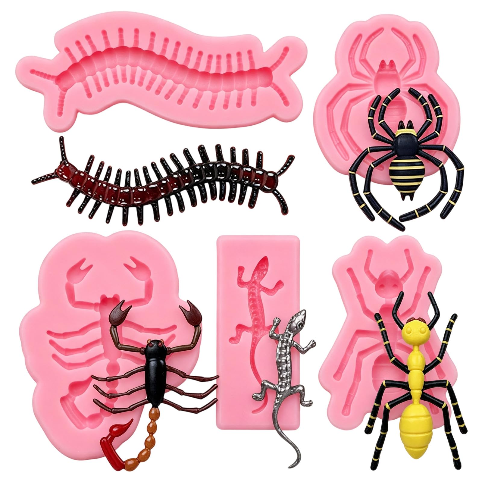 Silikon-Schokoladenformen in Insektenform, rosa, 5er-Set | In Form von Skorpionen, Ameisen, Spinnen, Geckos und Tausendfüßlern, geeignet zur Dekoration von Kuchen und Süßigkeiten