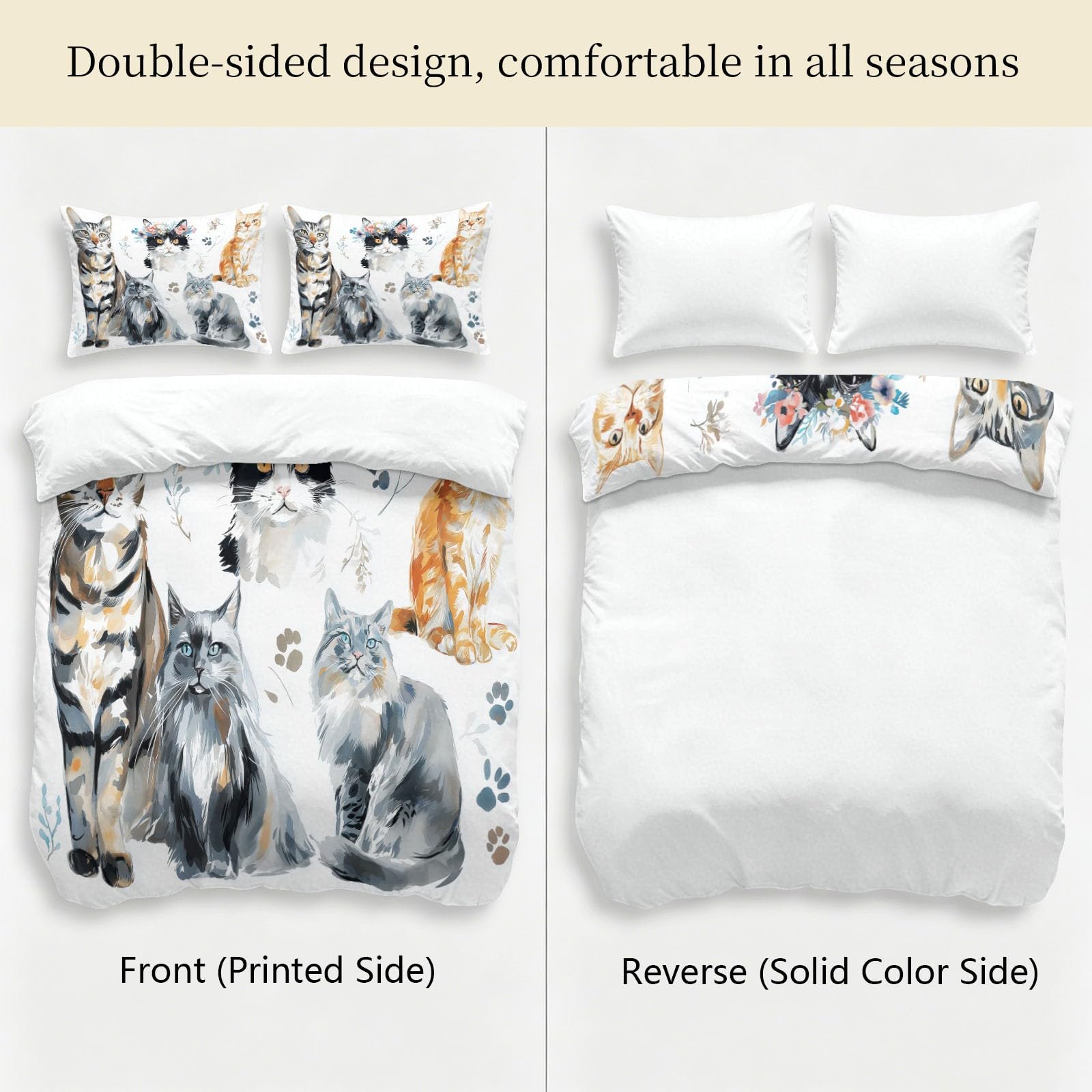 Juego de funda de edredón de tamaño King dibujado a mano con cremallera oculta, estampado de huellas de gato, microfibra con 2 fundas de almohada de 50 x 75 cm, reversible, transpirable