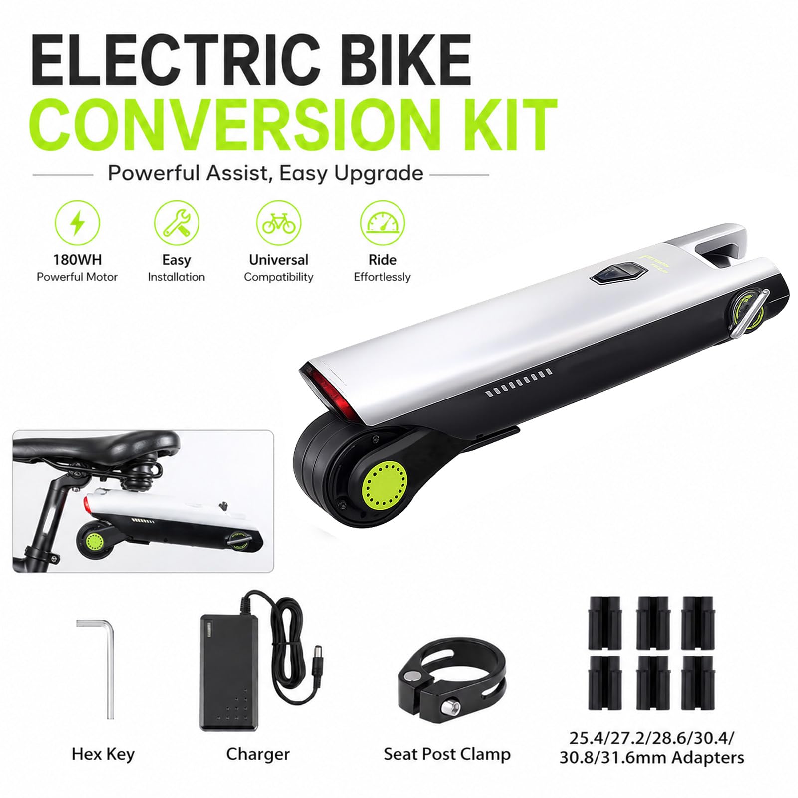 Booster di Assistenza Elettrica per Bicicletta 25 Km/H, Autonomia 50 Km, unità di Trazione Portatile, 4 modalità di Assistenza, per Uso Quotidiano E Tempo Libero