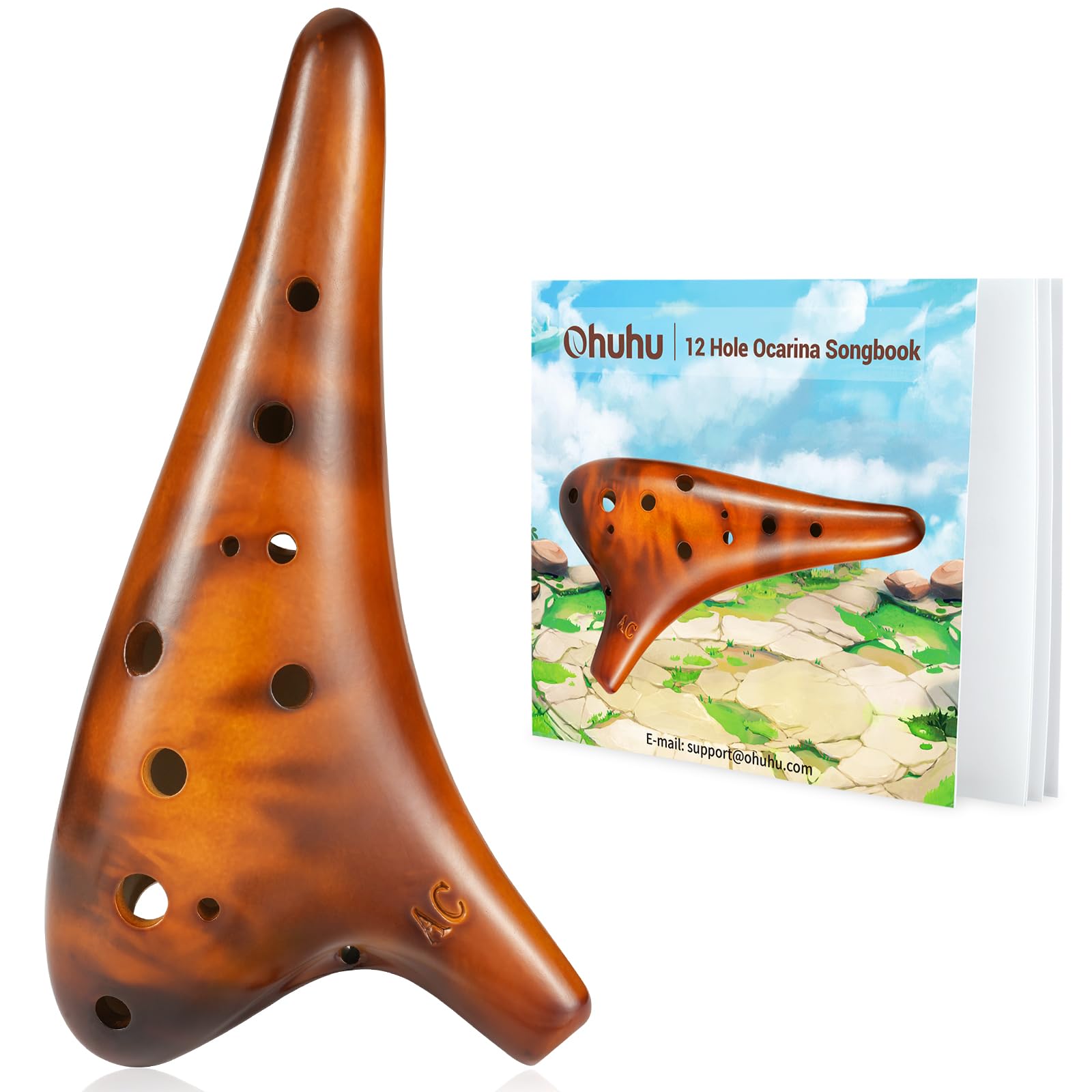 Ohuhu Ocarina Instrument with Song Book, 12 Hole Alto C Ceramic | Song Book With Popular Melodies, FDA Tested, With Display Stand Protective Bag, Ceramic Ocarina Instrument For Beginners