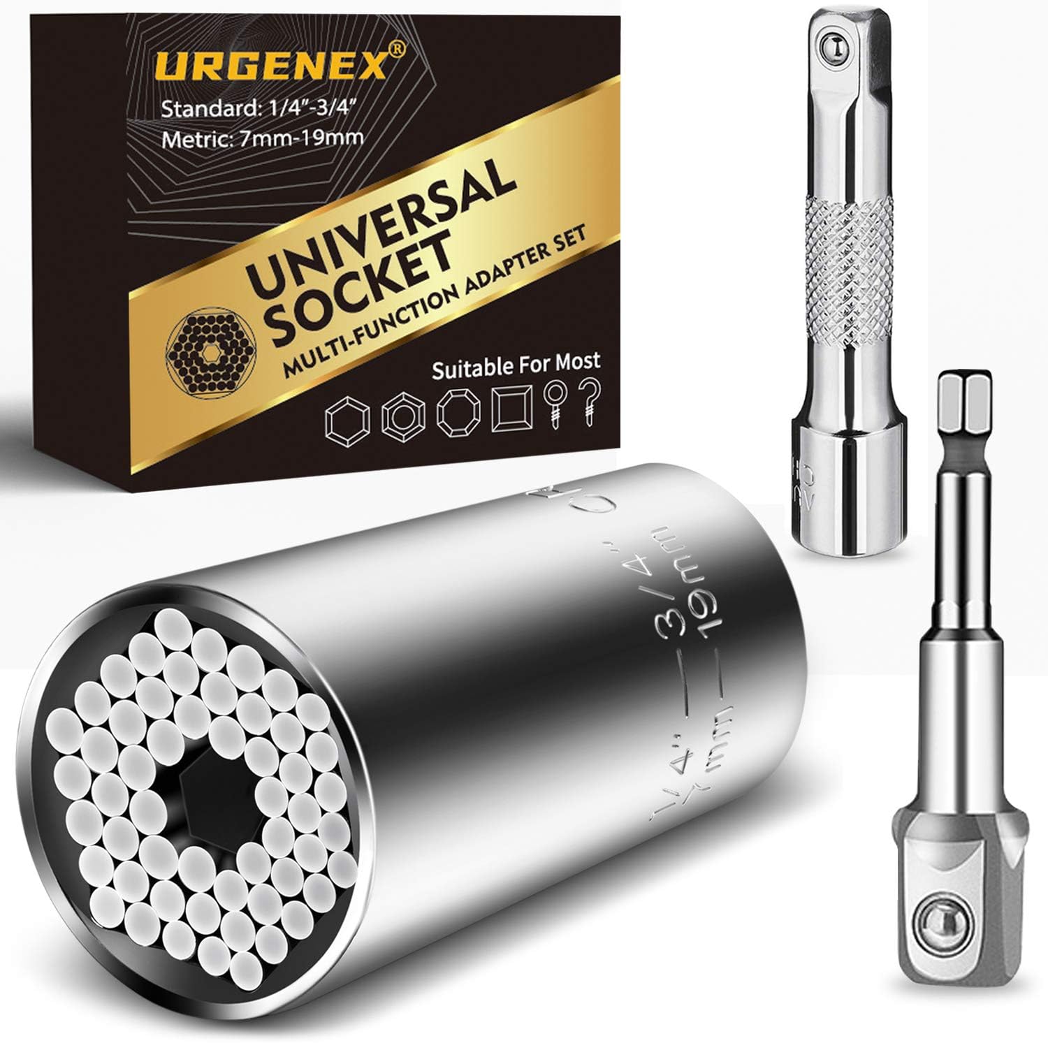 Black Friday Clearance URGENEX Universal Socket Gift For Men - 3Pcs Universal Socket (7-19mm) Grip Tool Wrench Sets Repair Kit with Power Drill & Ratchet Wrench Adapter Gift For Dad, Boyfriend, Husband, Diy Handyman Silver