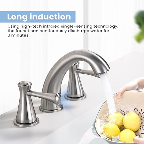 Miniatura 6 de GOESMO Grifo de baño sin contacto con 2 sensores, 2 asas, grifo de lavabo de baño generalizado de 3 agujeros, sensor de movimiento automático,