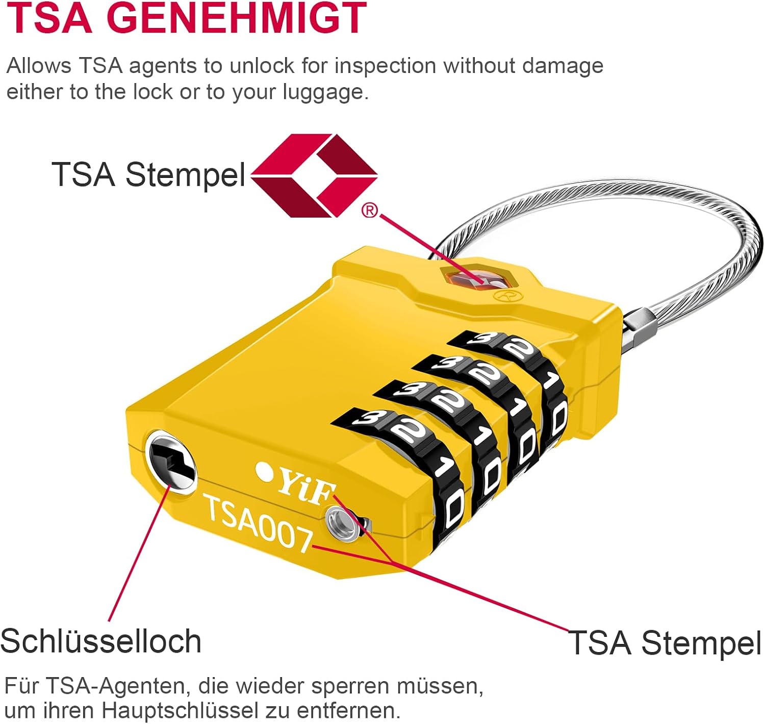 ZHEGE TSA Luggage Lock, 4-Digit TSA Combination Padlock, Suitcase Lock with Open Indicator Alert, TSA Cable Lock for Suitcases, Luggage, Bags, Gun Case, Locker (2-Pack, Yellow) | 4-digit suitcase lock, opening alarm display, TSA cable lock for suitcase, luggage, bag weapon case, locker 2pcs Yellow