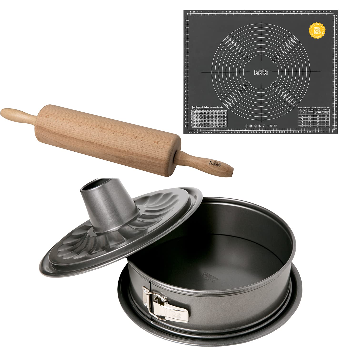 Birkmann, Backformen-Set Easy Baking, groß, 3-teilig: Springform mit zwei Böden, Teigrolle, Ausrollmatte mit Skalierung, für leckere Kuchen und Torten, hervorragende Qualität