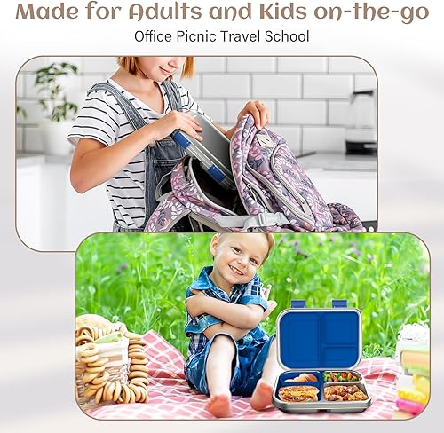 Miniatura 7 de Lonchera Bento de acero inoxidable para niños, 3 compartimentos a prueba de fugas, lonchera Bento de metal de acero inoxidable 304 para la escuela y