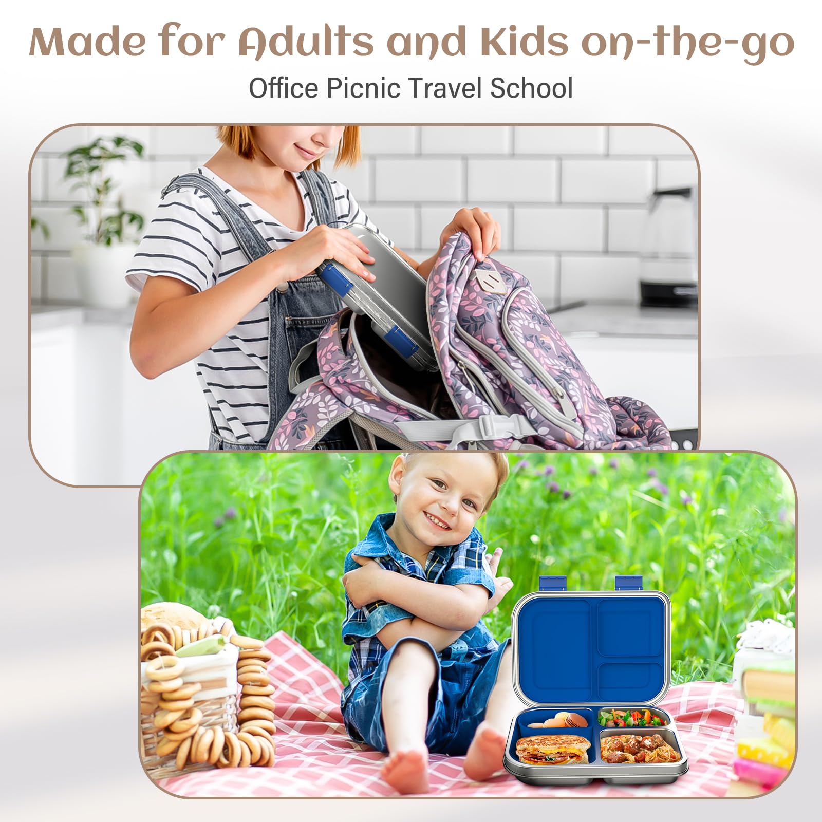 Fiambrera de acero inoxidable para niños, fiambrera de metal Bento a prueba de fugas, 3 compartimentos con recipiente de silicona, apto para lavavajillas, diseño adecuado para niños, para escuela