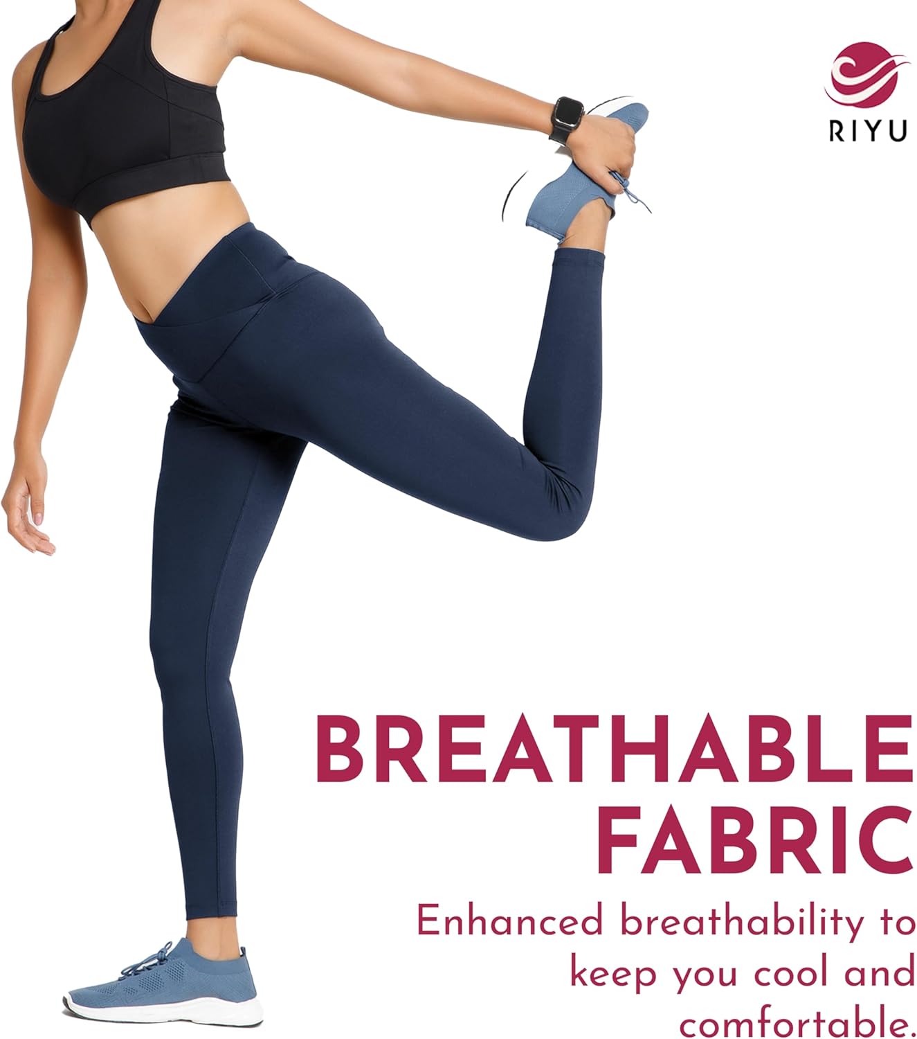 RIYU Crossover High Waisted Leggings Women's Yoga Pants Workout Clothes for Gym Activewear for Petite Sizes - Image 4