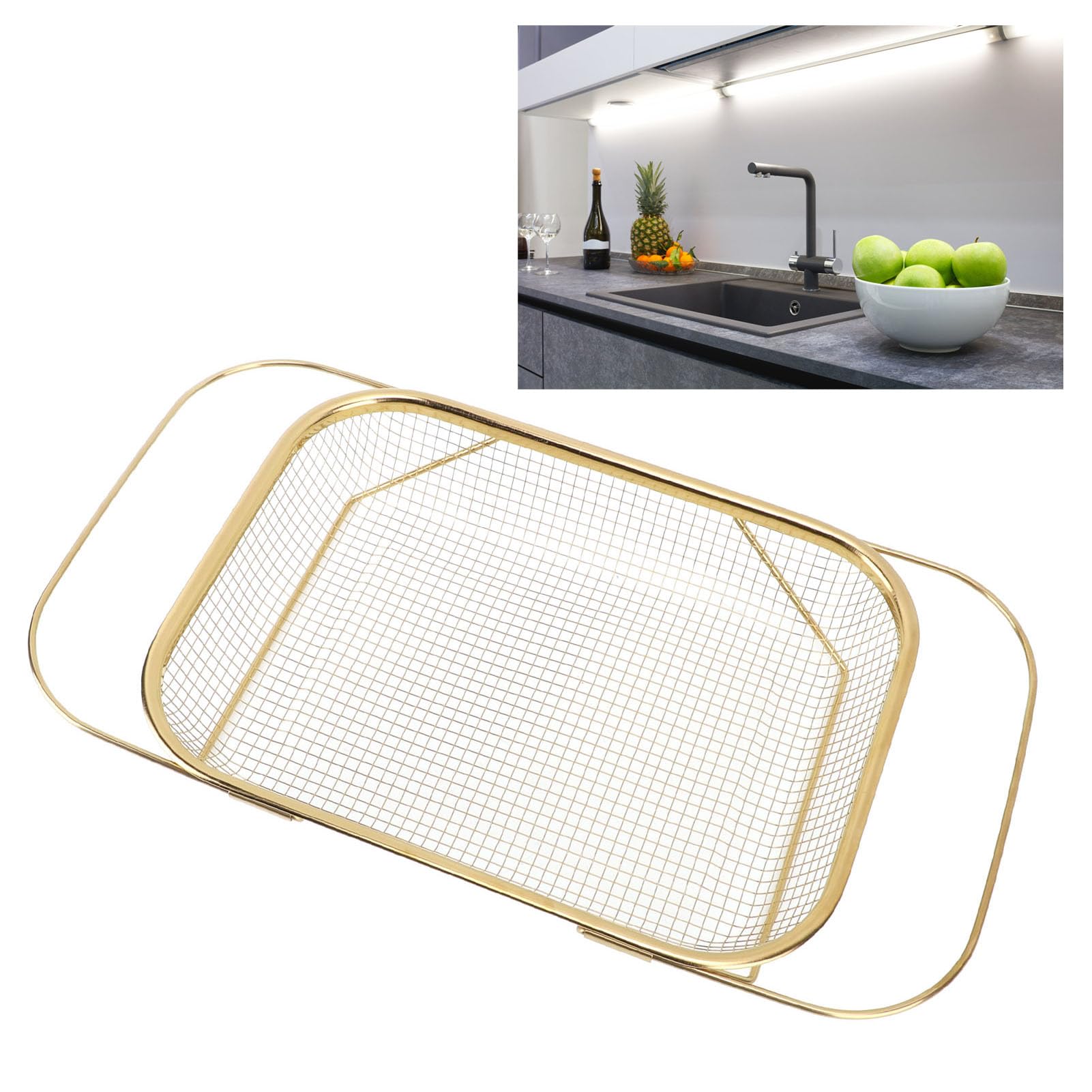 Colador grande extensible de acero inoxidable sobre el fregadero, cesta de malla fina para fregadero de cocina, con asas, fácil de y almacenar, preparación de cocción eficiente (dorado)