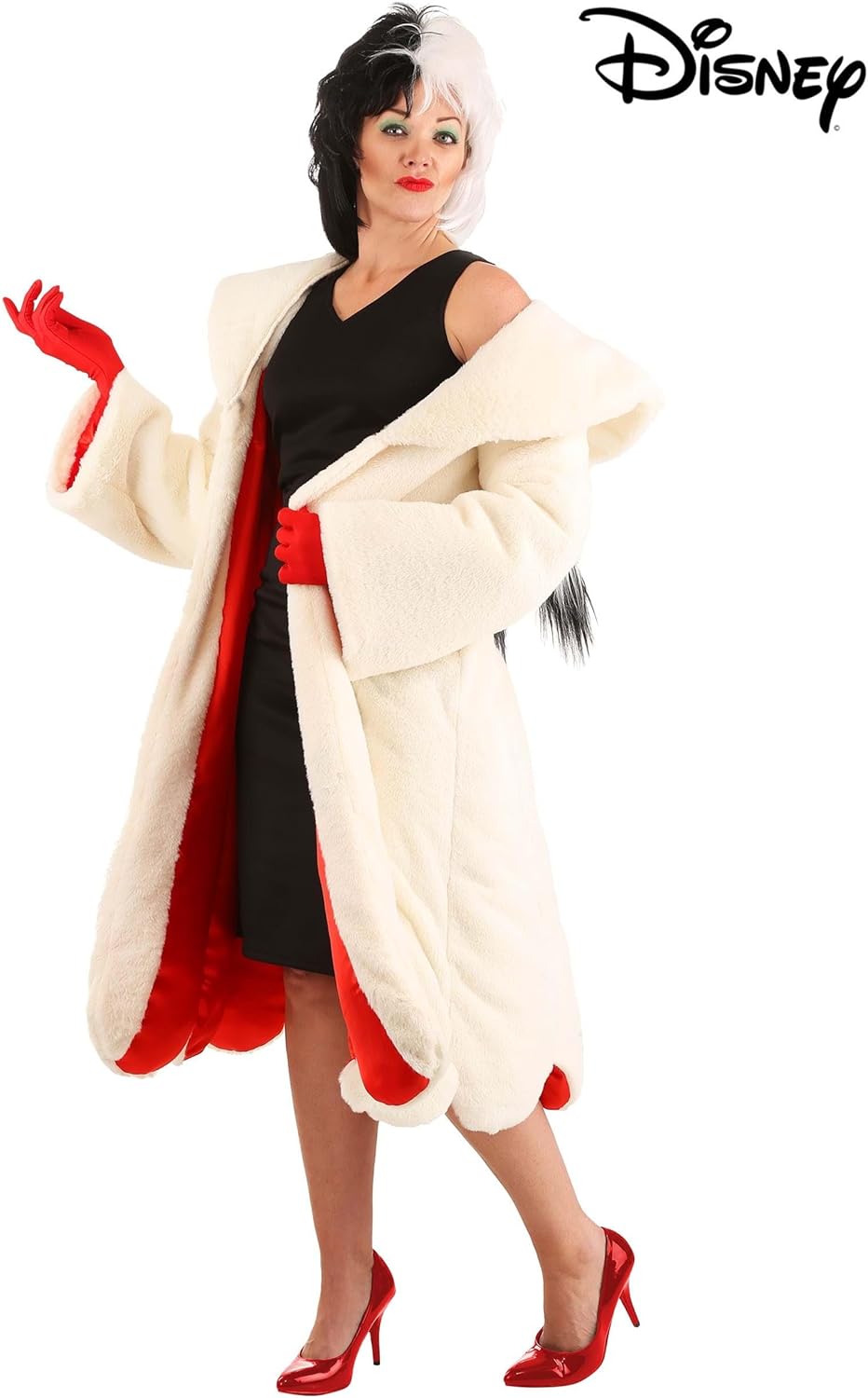 Disney 101 Dalmatians Women's Cruella De Vil Costume with Fur Jacket, Dress & Red Gloves - Officially Licensed