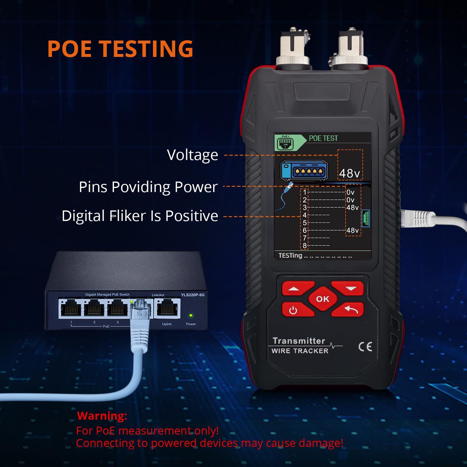 Proster Testeur de Câble Réseau Multifonction Professionnel RJ45 RJ11 PoE - Traceur Numérique, VFL 10 km, Mesureur de Puissance Optique, Port Flash, Test Longueur 600 m Pour Technicien Réseau