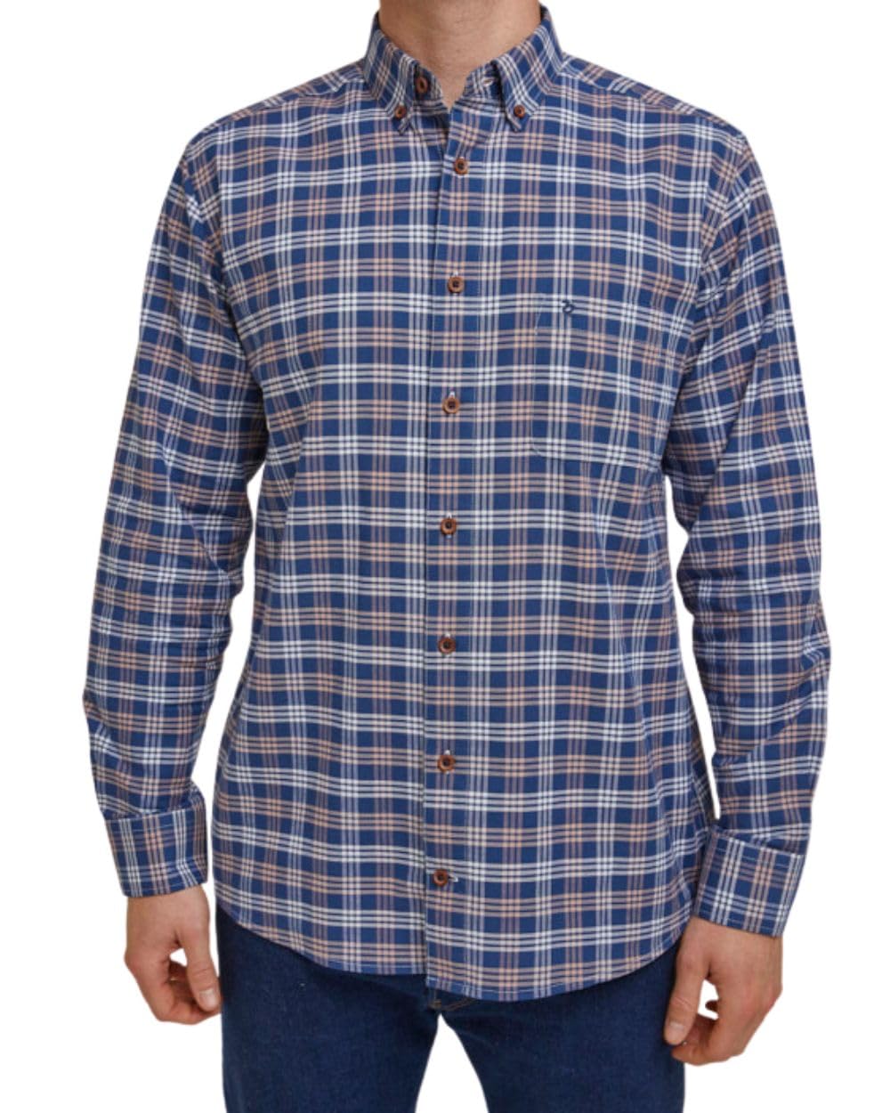 Double Two Men's Navy Checked Shirt Long Sleeve Casual Regular Fit Grid Check Shirt - 4XL