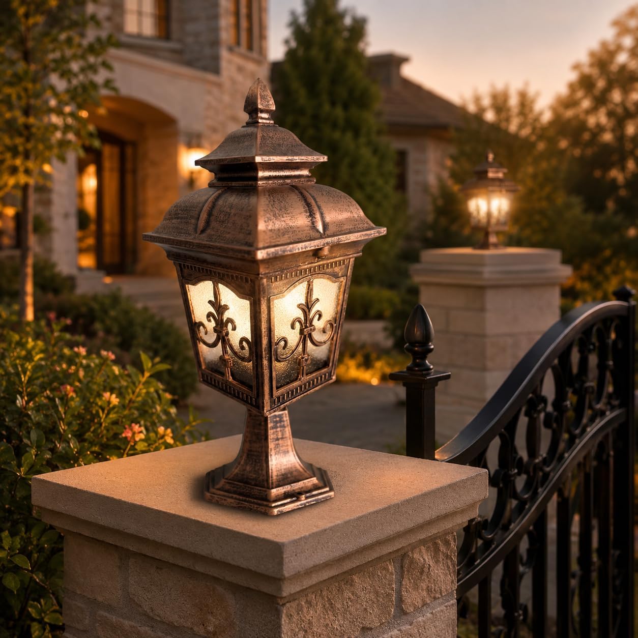ultimate Antique Copper Outdoor Gate Pillar Lamp with Frosted Glass Panels, Classic Lantern Design, Decorative Grill, Warm Home Garden Boundary Light-picture-13