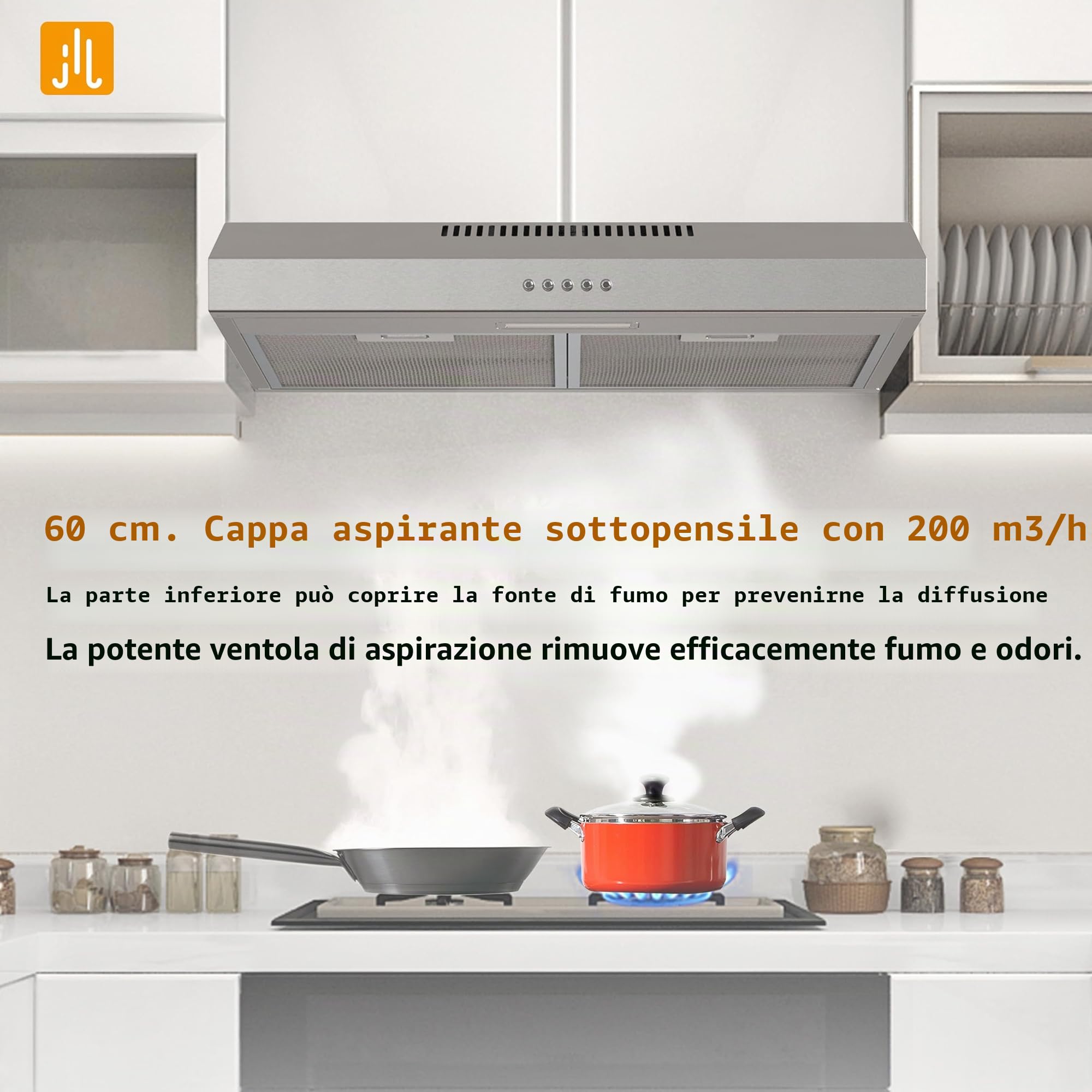FIREGAS Cappa Aspirante 60 cm, Cappe a muro, Sottopensile Cappa da Cucina, 3 Velocità, Luci LED, Modalità di Scarico e Ricircolo, Argento