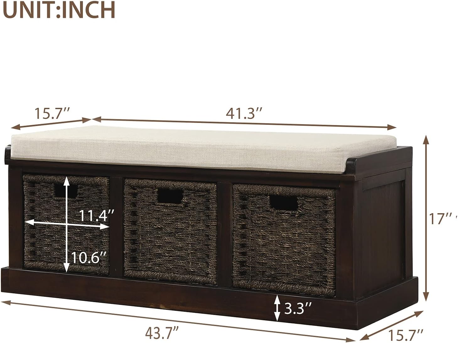 GDFStudio Jasd Acacia Wood Storage Bench, Rectangular Shoe Bench, Removable Cushion Shoe Seat, Rustic Rattan Cabinet, Padded Foot Rest with Rattan Basket for Living Room Entryway End of Bed, Espresso