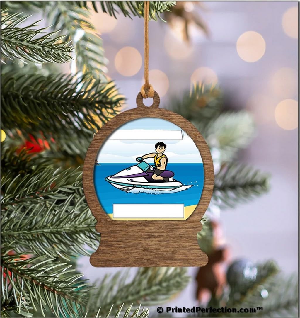 PrintedPerfection.com Personalized Jet Ski Rider - Male Wooden Snow Globe Shaped Christmas Ornament