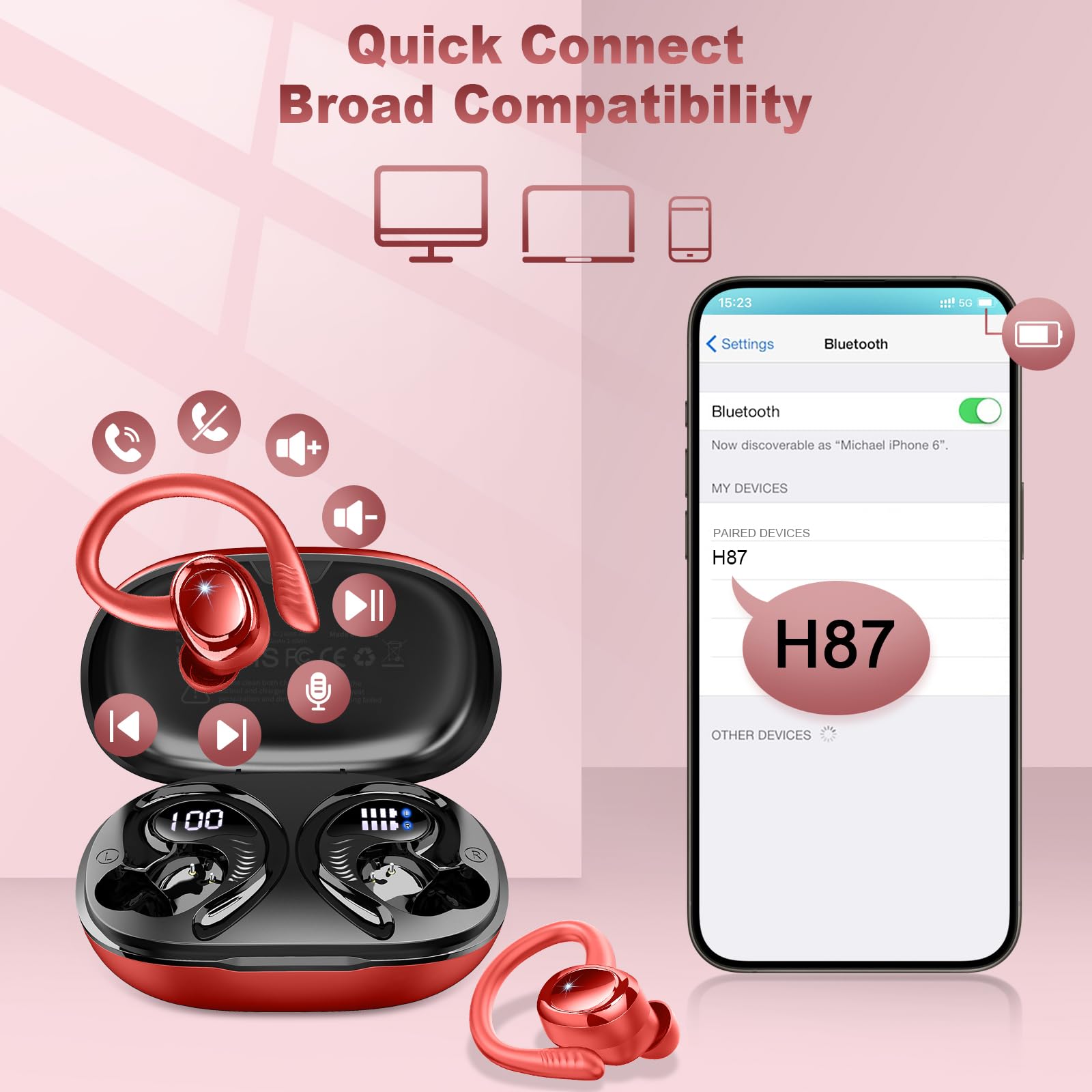 Ecouteurs Bluetooth sans Fil Sport, 2026 Écouteur Bluetooth 5.4 avec 4 ENC Mic, 60+Hrs Ecouteurs sans Fil HiFi Stéréo, IP7 Étanche Oreillette Bluetooth Running, USB-C Charge Rapide, Écran LED Casque