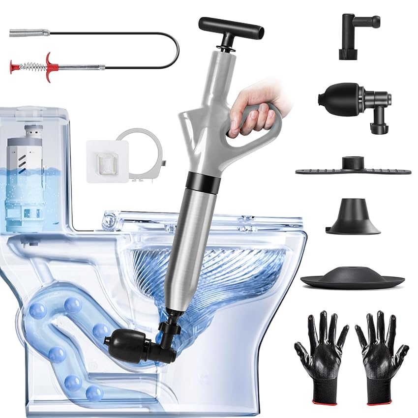 DkevEu Pompa Stura scarichi a Pressione Stantuffo per WC Sturalavandini a Pressione Sturatubi ad Aria Compressa 4 in 1 Stura WC per Disintasare WC/Lavello/Doccia/Lavandini/Scarico