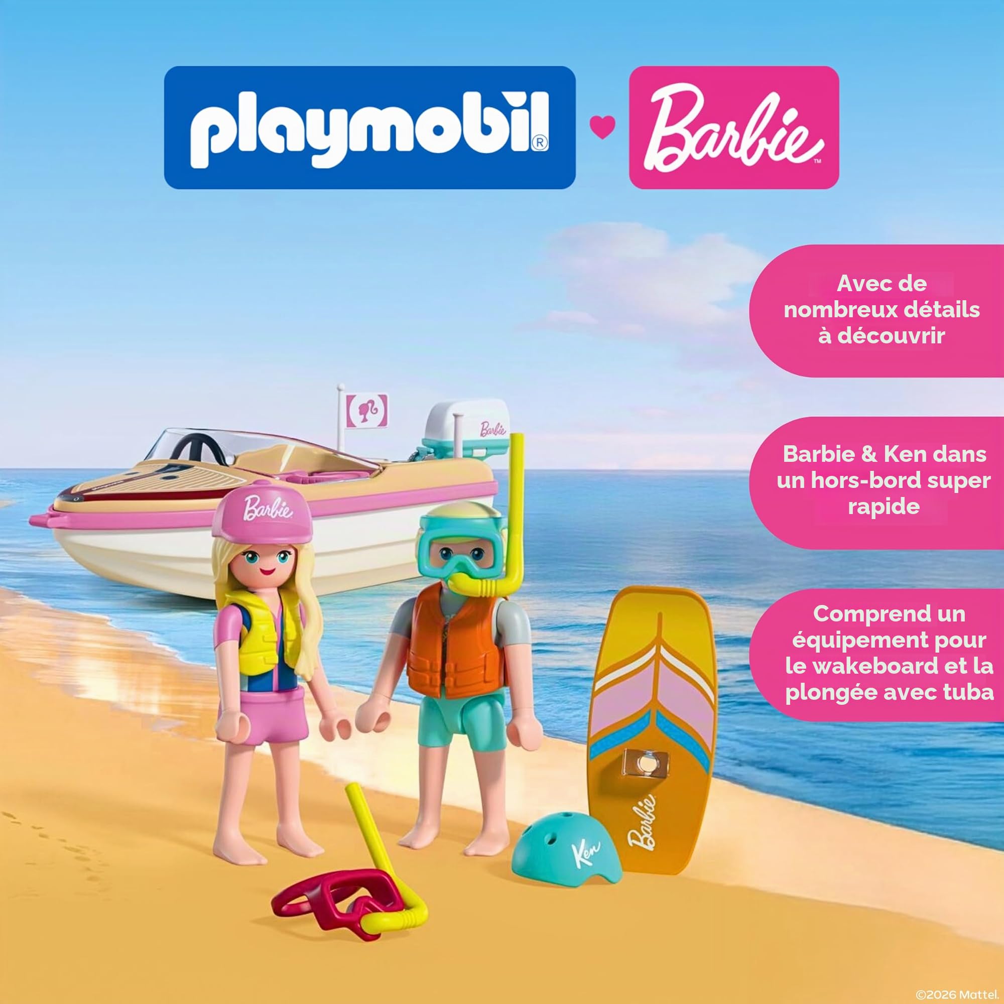 Playmobil, Barbie, Bateau d’Aventure, Bateau Rapide avec Barbie et Ken, Action de Wakeboard et de Snorkeling pour Enfants, Jouet Aquatique, pour Enfants à partir de 4 Ans, 72122