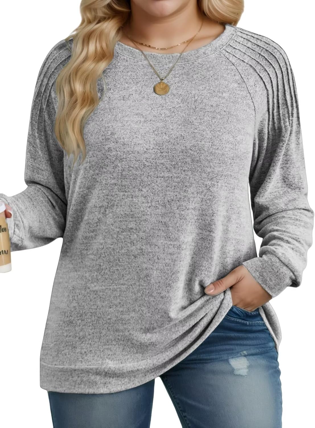 DOLNINE Plus-Size-Sweatshirts for Women Crewneck Pleated Long Sleeve Shirts Fashion Loose Fit Tunic Tops
