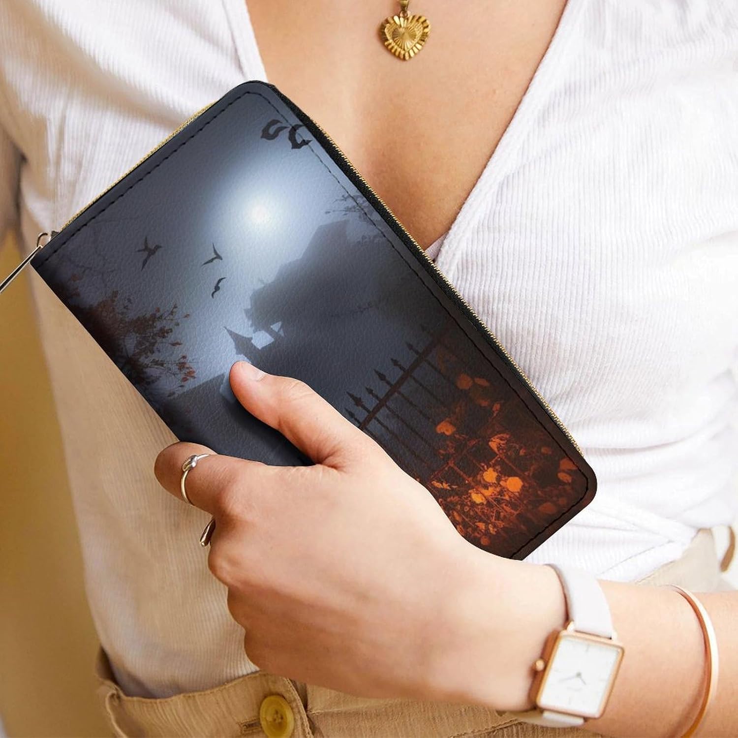 Halloween Foggy Night Print Long Wallet for Women Men PU Leather Card Holder Organizer with Zipper Coin Pocket & Cash Slots