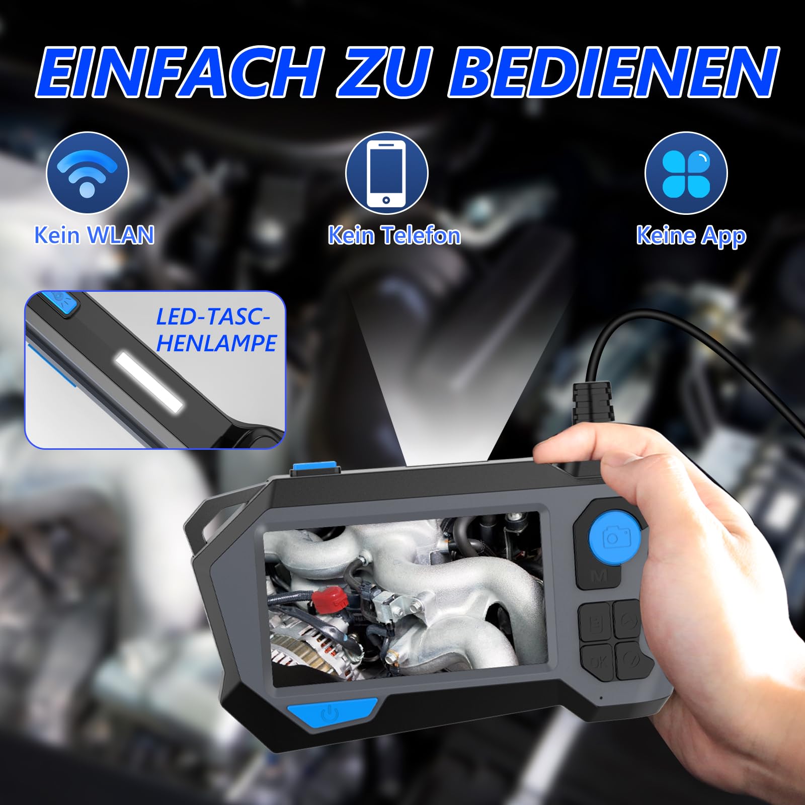 Endoskopkamera mit Licht, Ferdiiz 1920P HD Dual-Objektiv mit 720° Zwei-Wege-Drehung, Endoskopkamera Beweglicher Kopf mit 4,5” IPS Bildschirm, IP68 Halbstarre Rohrkamera, 8+1 LED-Inspektionskamera - 5M