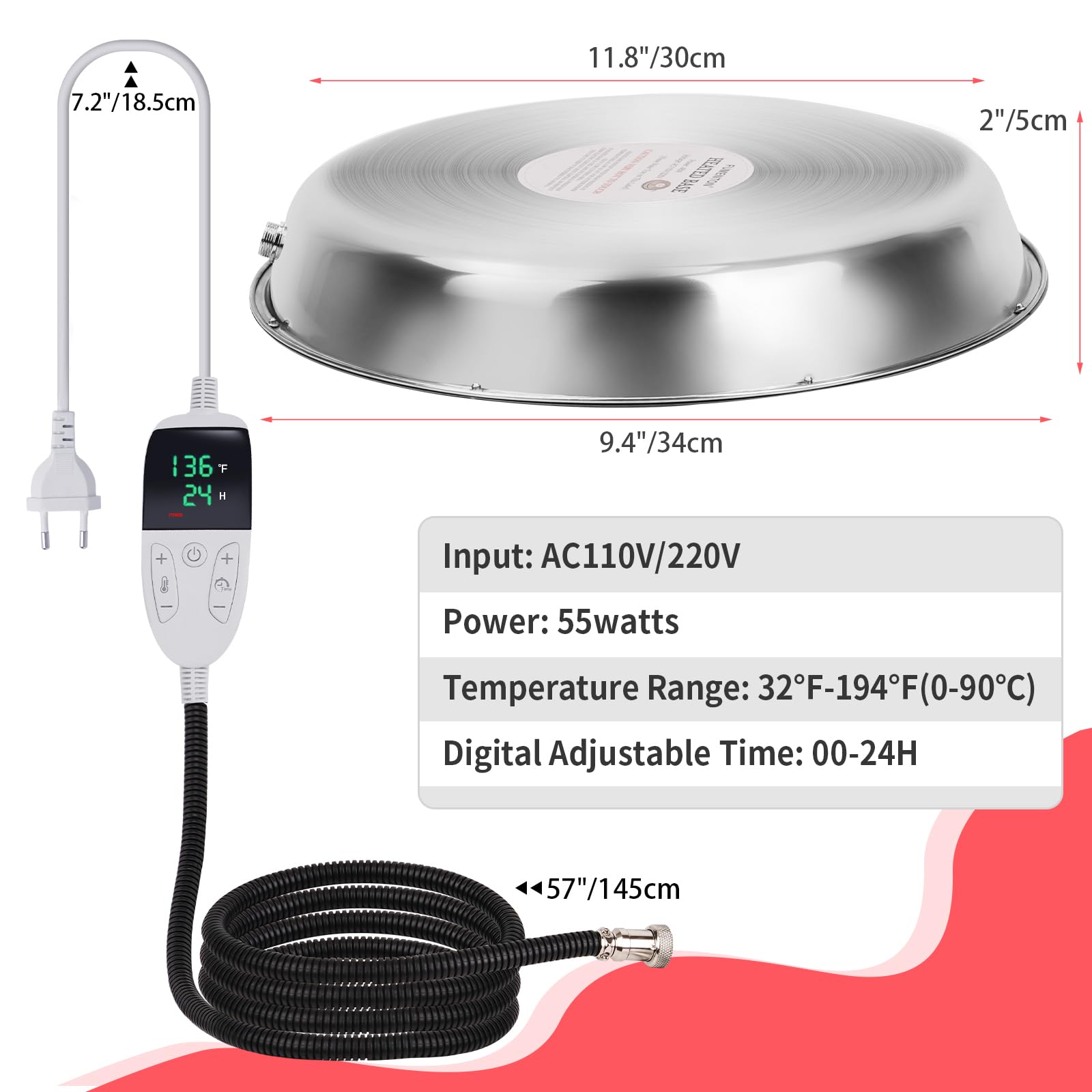 34cm Heizplatte für Geflügeltränke Hühner Hühnertränke Beheizte Basis Wassererhitzer mit Temperaturregelung Hühner Warmwasserbereiter für Hühnerstall
