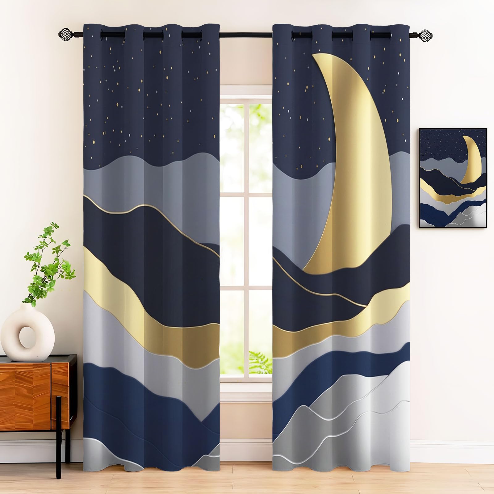 Rideau occultant lune et montagne 140x240 cm | Lot de 2 draperies thermiques pour salon