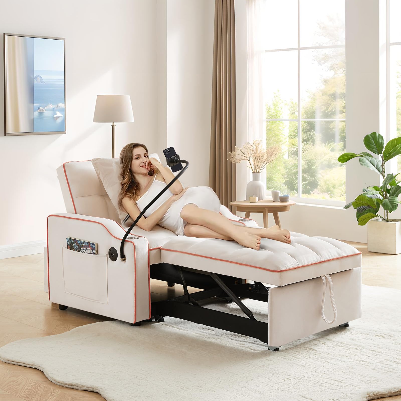 Convertible Sleeper Sofa Chair Bed, 3 in 1 Velvet Single Small Futon Sofa Bed with Phone Holder & USB Ports,Pull Out Couch Recliner with Adjustable