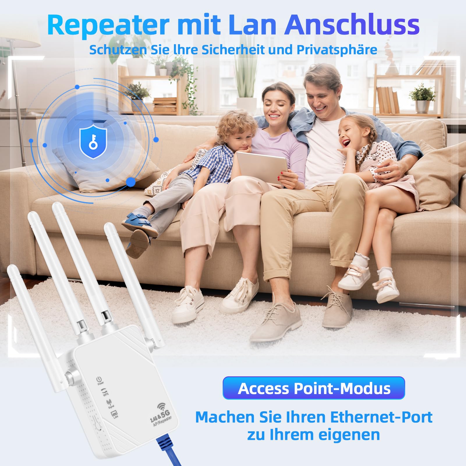 Amplificateur Wi-Fi, répéteur Wi-Fi 1200 Mbit/s, double bande 5G et 2,4 G, amplificateur WiFi ultra extensible avec port LAN, WPS, compatible avec 99 % des routeurs WiFi standard, couvre jusqu'à 9200