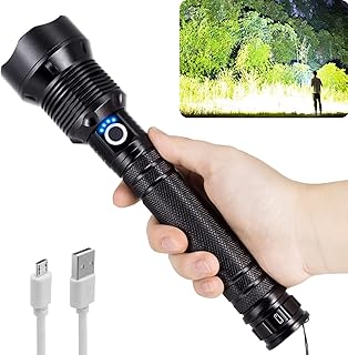 LED Rechargeable Flashlight 180000 High Lumen Tactical XHP70 Super Bright Handheld Flashlight with Zoomable & 3 Modes & USB Cable Military Grade Waterproof Flashlights for Camping Emergency Walking Dog