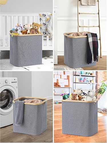 Miniatura 6 de Cesto de lavandería, gris, capacidad de 60 L, plegable, mango de bambú, tela Oxford 600D duradera