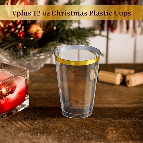 Vista 9 de Vplus Paquete de 150 vasos de plástico transparente reutilizables de 12 onzas, vasos desechables de plástico resistentes para fiestas, Navidad