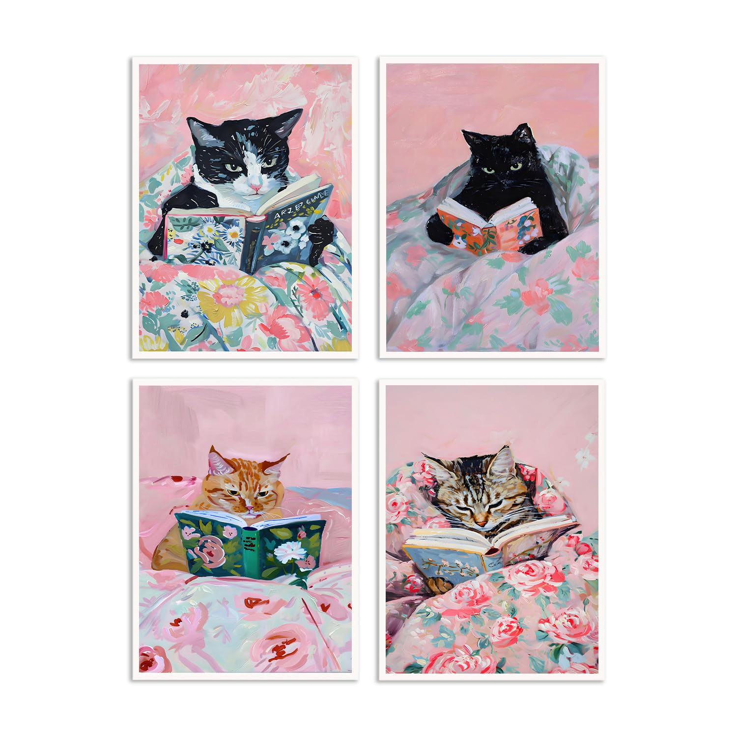 Dazzlewall 4Pcs Funny Cat Reading Book Wall Art Posters, Vintage Cat Aesthetic for Bedroom Room Decor 8x10 in