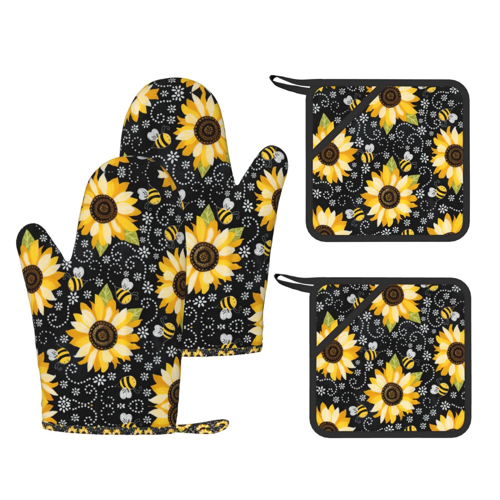 Sunflower bee Printed Oven Mitts with Pocket and Hot Pads, Silicone Non-Slip Kitchen Gloves for Baking BBQ