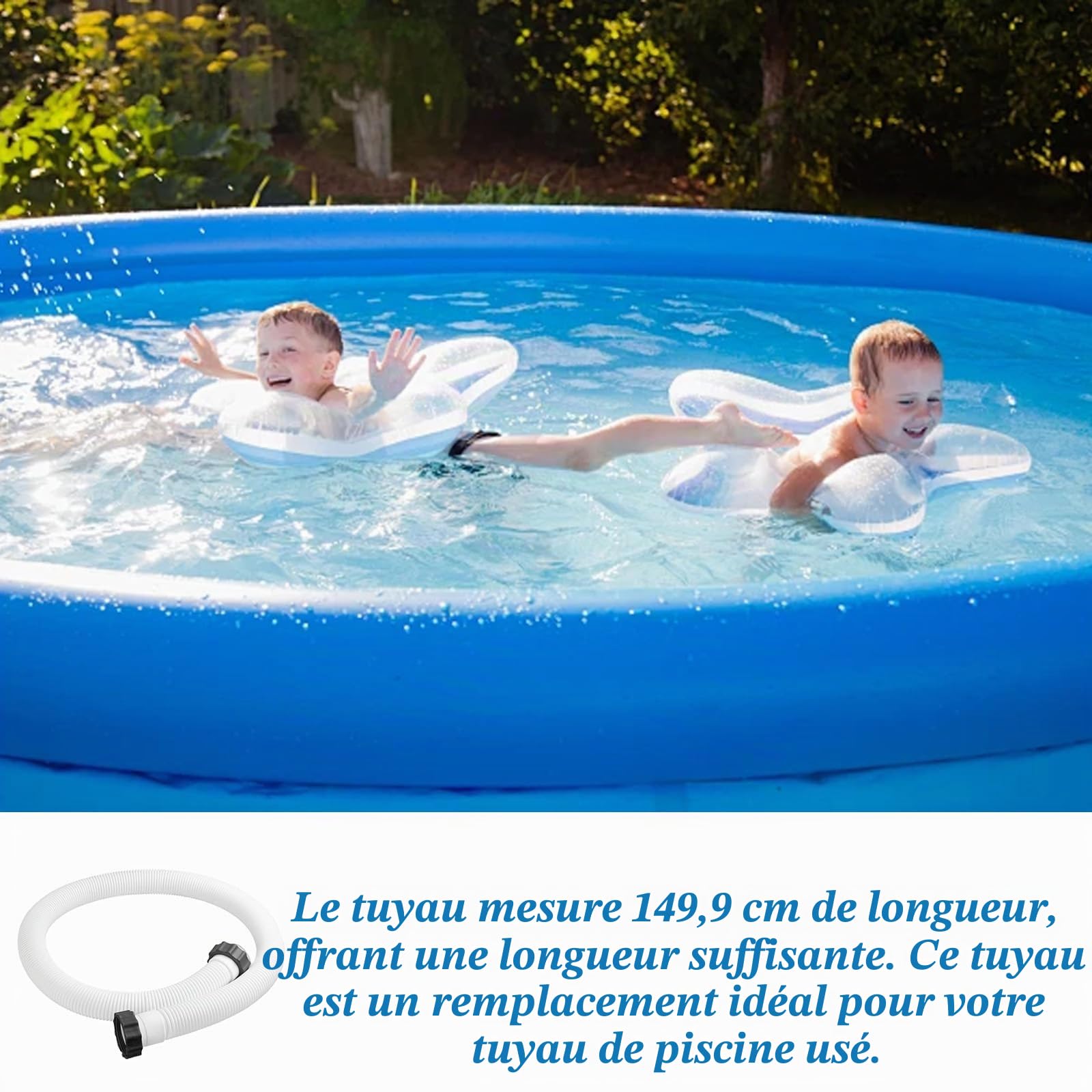 Lot de 2 tuyaux de piscine 38 mm, 150 cm, blanc, avec 2 adaptateurs B, tuyau pour pompe INTEX résistant aux UV et à l'eau chlorée
