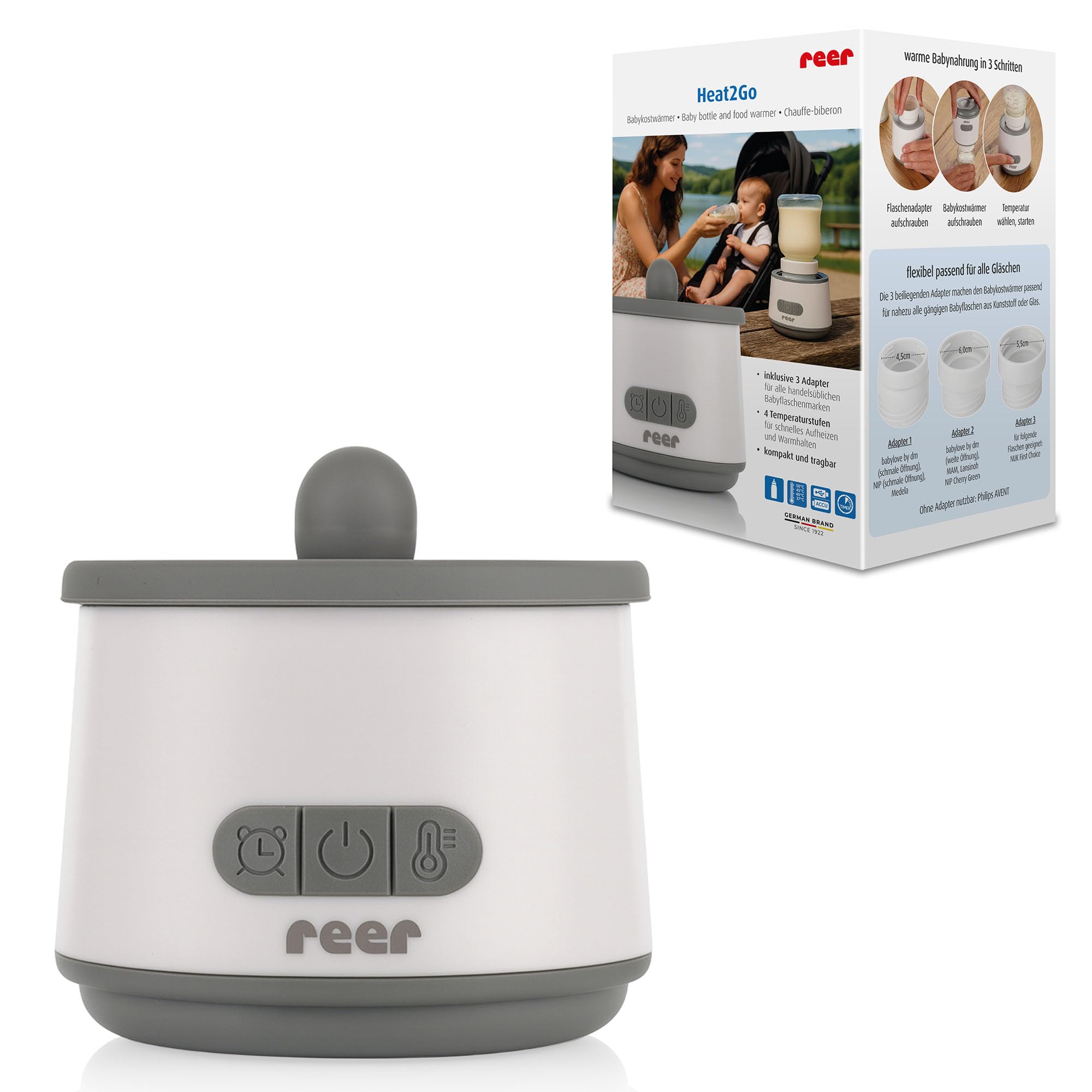 reer Heat2Go Calentador de alimentos para bebé, para uso móvil, calentador de biberones, para un calentamiento relajado sobre la marcha, compacto y portátil, equipamiento inicial para bebés