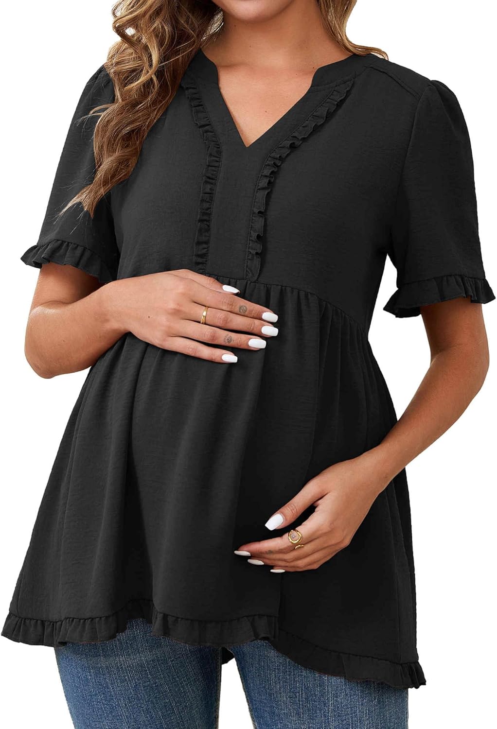 Women Maternity Blouse Boho Ruffled V Neck Short Sleeve Shirts Flowy Loose Casual Tops Clothing 2026
