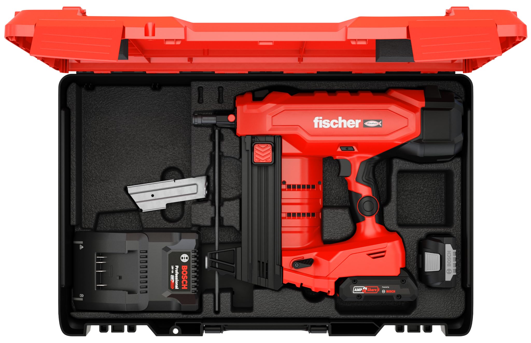 fischer Set di chiodi per calcestruzzo a batteria FXC 85, senza gas, AMPShare Alliance, con regolazione della profondità, per 500 chiodi per carica, con 2 batterie Bosch ProCore da 18 V e caricatore