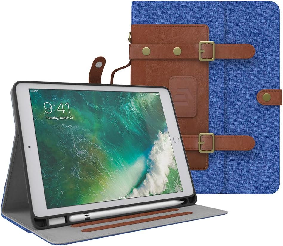 Dadanism iPad 9.7 Case 2018/2017, 9.7 Inch iPad 5th/6th Generation Case, Soft TPU Back Handbag Smart Stand Cover Case with Handle [Card Slots & Pencil Holder], Auto Sleep/Wake - Denim Blue & Brown
