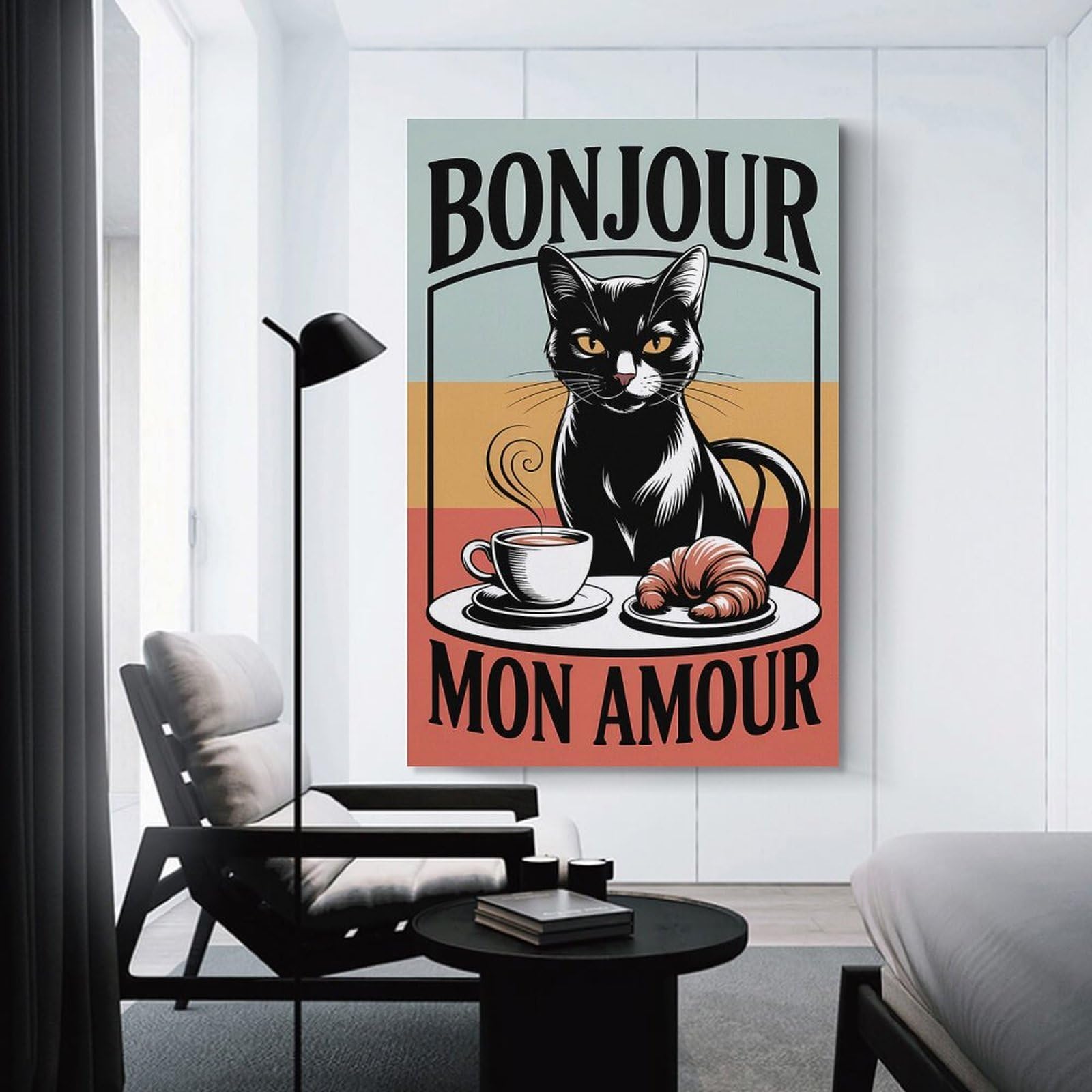 Junmoney Bonjour Mon Amour Black Cat Coffee Canvas Art Print, 16x24inch(40x60cm), for Hallway, Bedroom Or Modern Interiors, A Wall Art Gift for Fresh Interiors