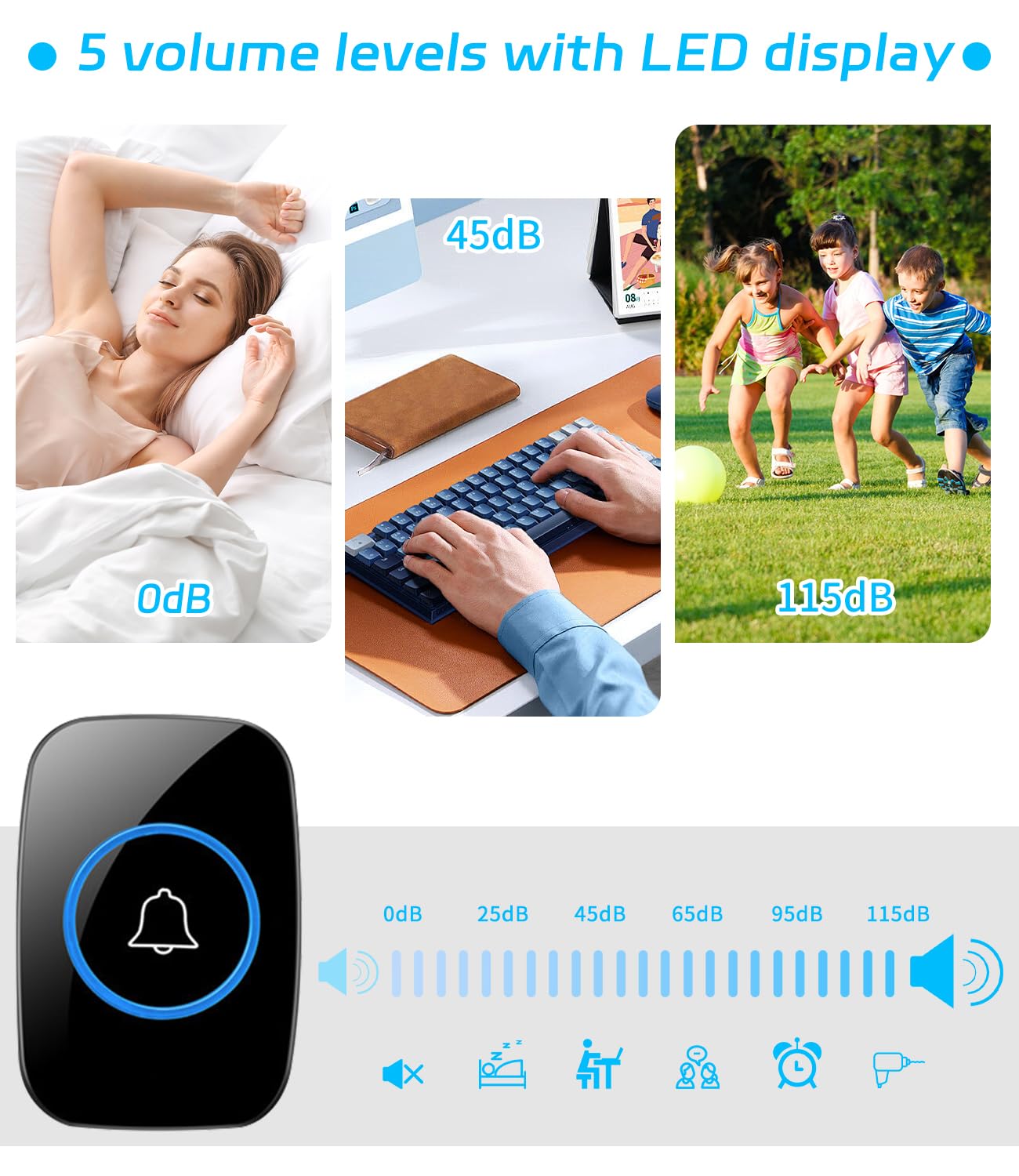 Timbre Inalámbrico Exterior Impermeable,Ip55 Kit De Timbre Inalambrico Doorbell Con 60 Melodías, Led Azul Para El Emergencias Hogar Oficina Hotel,300 metros Timbre Negro Timbre Casa Interior