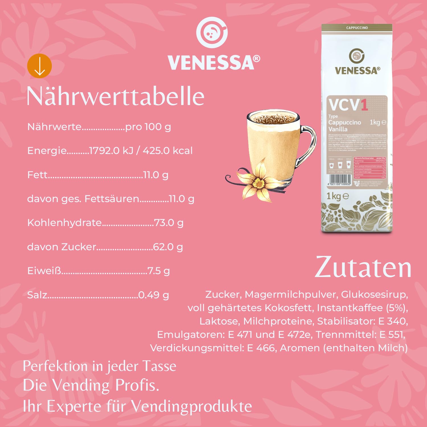 VENESSA VCV1 Cappuccino Vainilla 20 x 1 kg – Pack ahorro – Café instantáneo con sabor a vainilla – Cappuccino cremoso con fina vainilla – Apto para todas las cafeteras automáticas